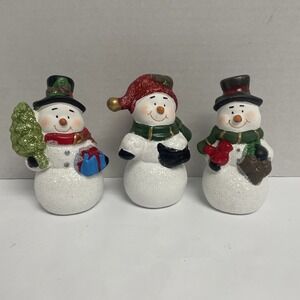Vintage Ceramic Snowman Figure 4.5" Tall Glitter Red Cardinal Lot Of 3